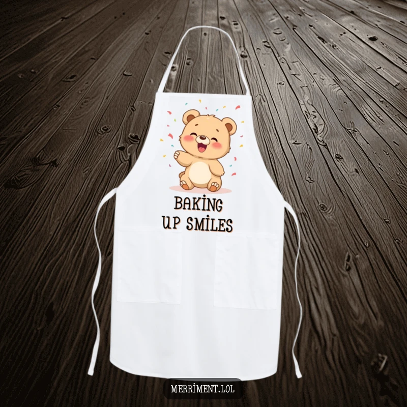 Funny kitchen apron with a giggling bear cub happily tossing confetti, perfect for messy but fun cooking.