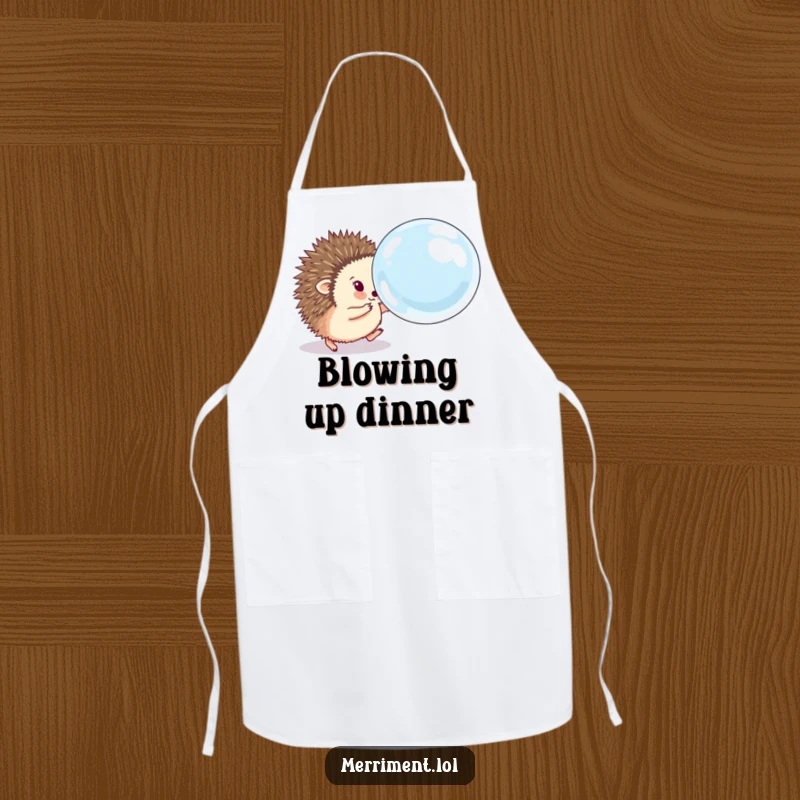 Funny hedgehog apron showing a fluffy animal eagerly chasing a comically large, bouncing soap bubble while cooking, adding playful humor to the kitchen.