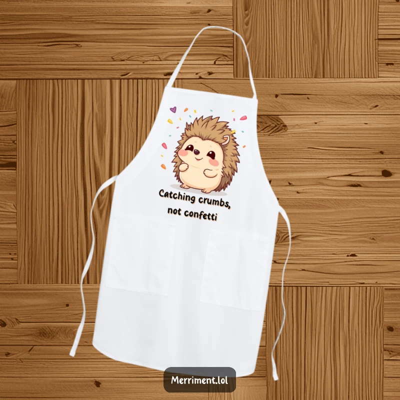 Funny hedgehog apron featuring a cute animal trying to catch falling confetti with its nose, a humorous kitchen accessory.