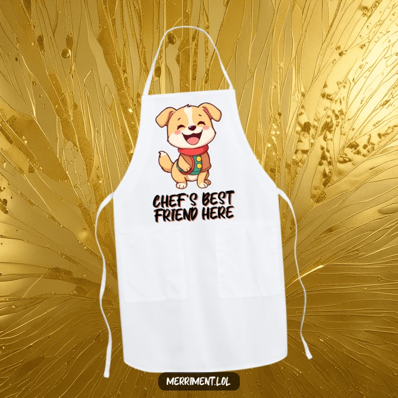 Funny apron featuring a happy dog wearing a festive vest, its tail wagging vigorously with cooking excitement.