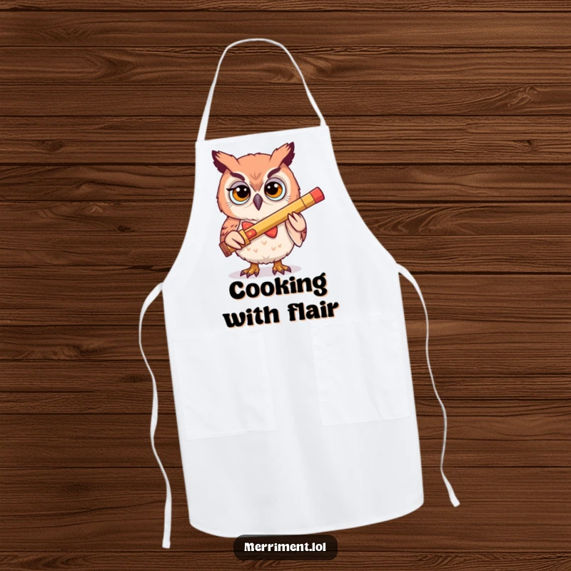 Funny apron depicting a determined owl in a silly bowtie playing a giant kazoo, designed for kitchen fun and protection.