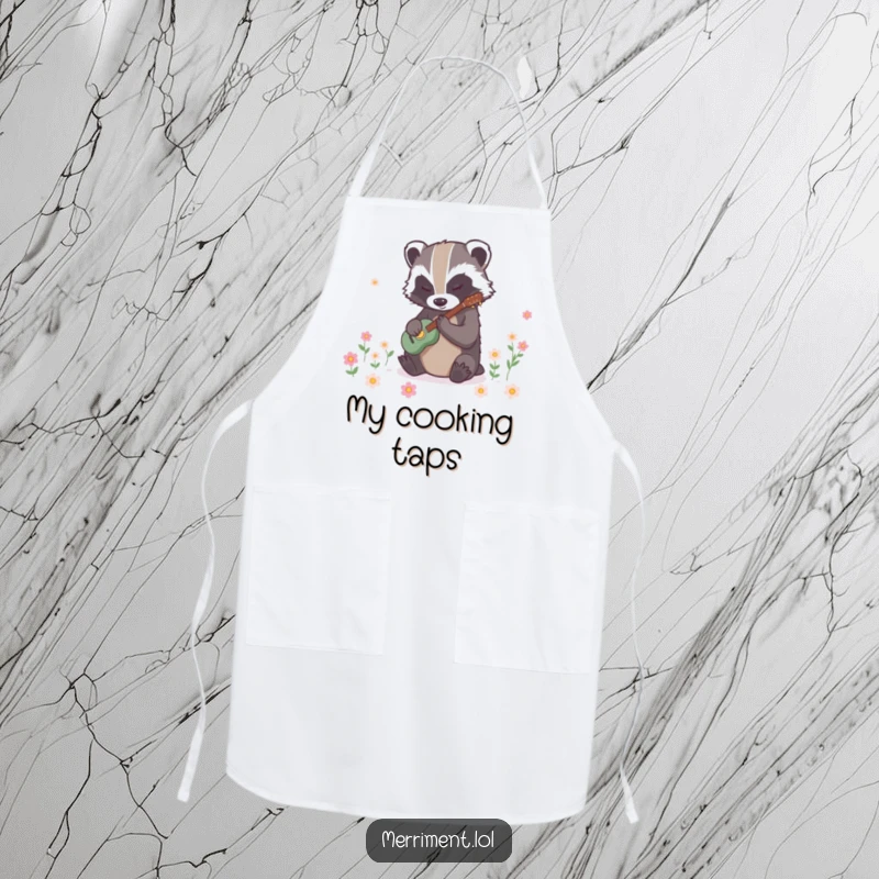 Funny badger apron showing a determined creature tapping to make flowers bloom instantly, a functional and whimsical kitchen accessory.