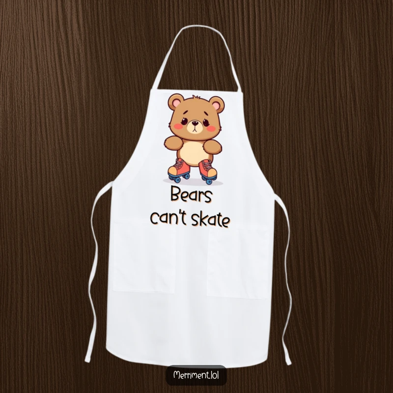 Funny apron with a bewildered bear character losing its balance on roller skates, perfect for a humorous cooking or crafting session.