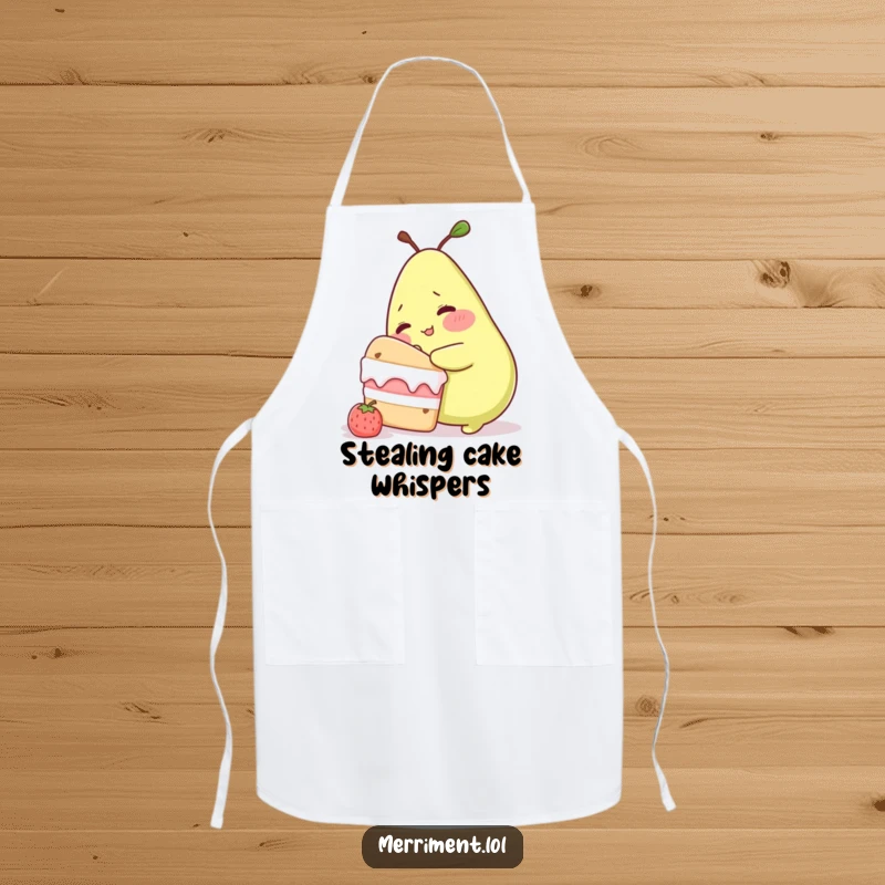 Funny apron featuring a blushing pear character attempting to sneak a bite of a giant cake, bringing sweet humor to kitchen tasks.