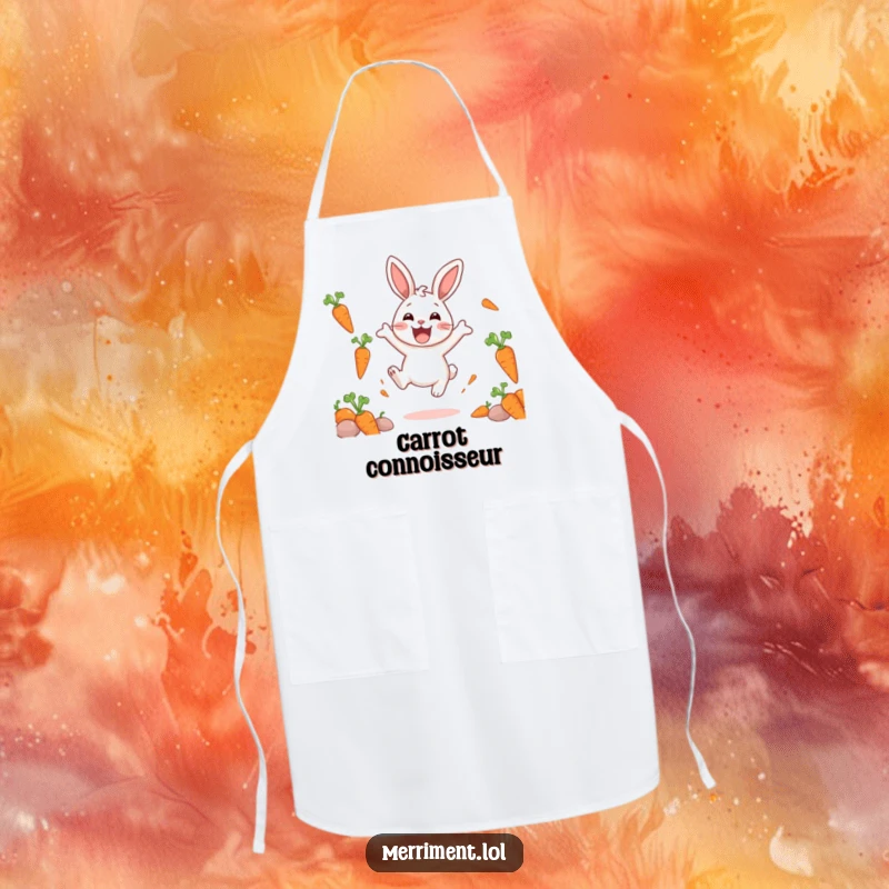 Funny apron depicting a delighted rabbit character joyfully bouncing with excitement, with carrots floating merrily around as it cooks.