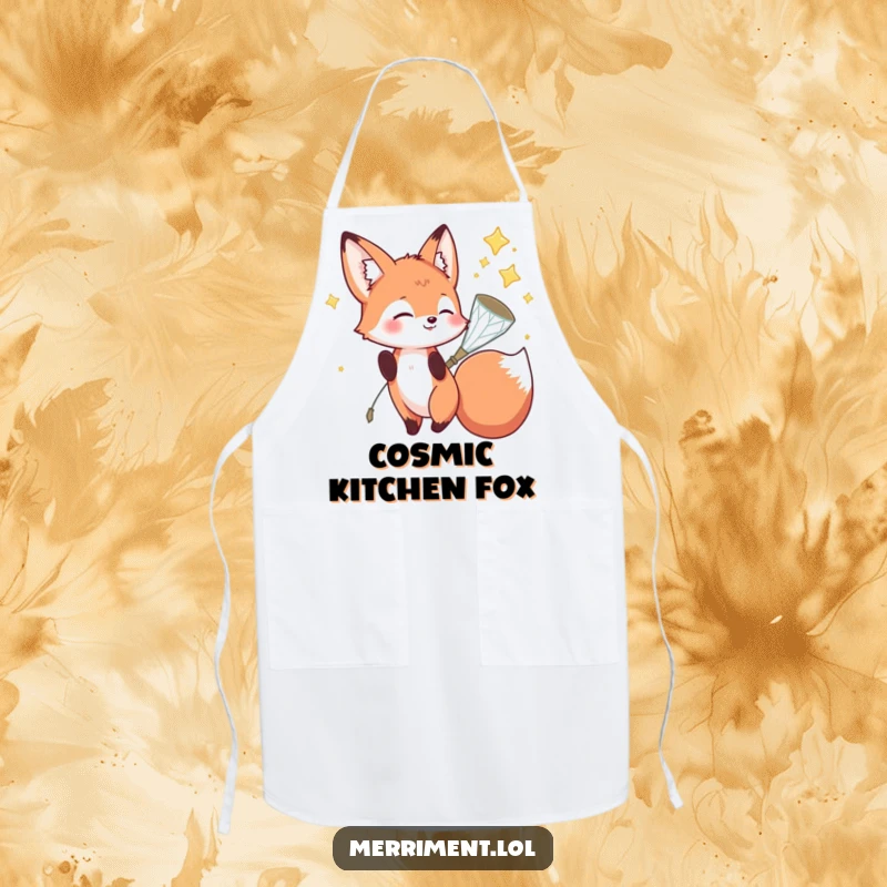 Funny fox apron depicting a playful fox character catching falling stars in a sparkly net, a humorous addition to any kitchen.