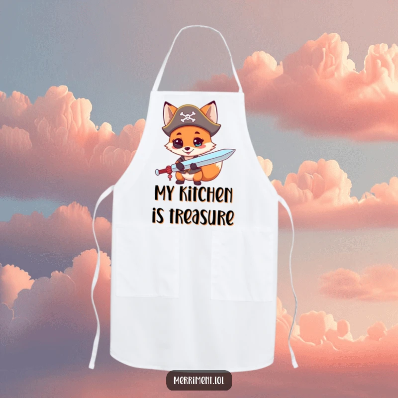 Funny apron with a curious fox in a pirate hat, holding a giant lollipop sword, ideal for a fun, themed kitchen.