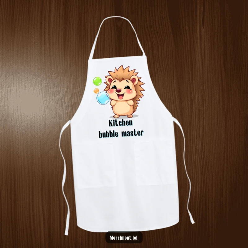 Funny hedgehog apron with a big smile, blowing colorful bubbles, making kitchen tasks a fun and cheerful experience.
