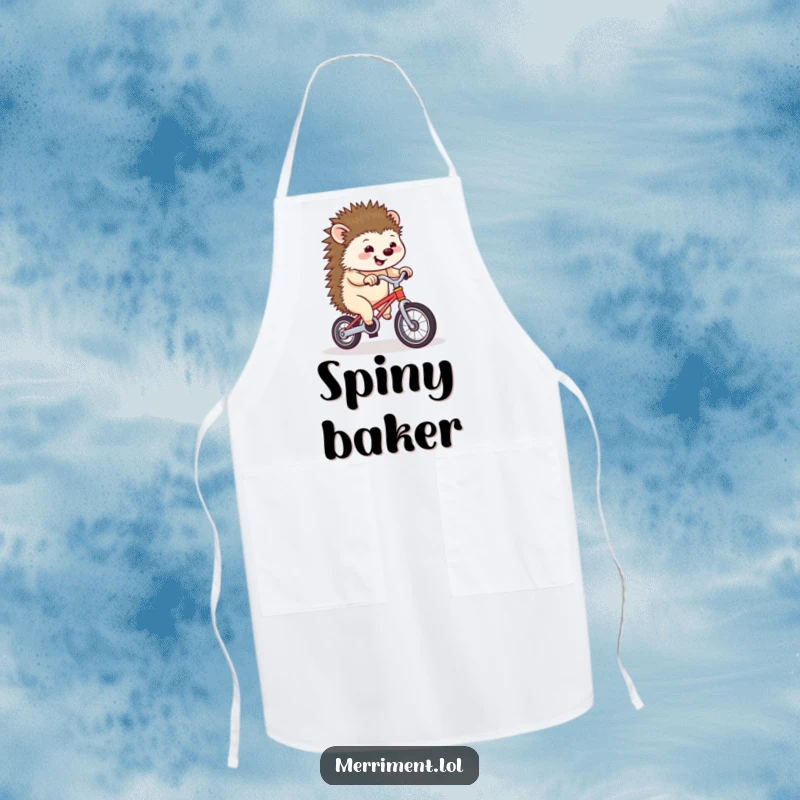 Funny hedgehog wobbling on a tiny unicycle, providing humorous protection for kitchen activities and culinary adventures.