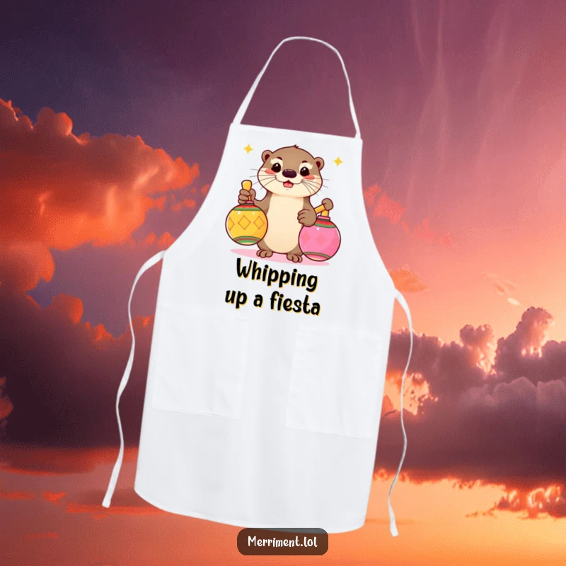 Funny apron with a playful otter shaking large, colorful maracas, ideal for a fun and festive kitchen.