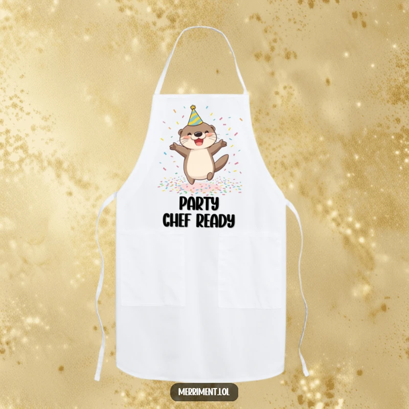 Funny happy otter wearing a party hat jumping in confetti on an apron, perfect for humorous and festive cooking sessions.
