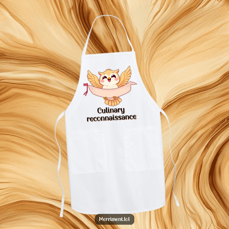Funny owl apron, a joyful messenger bird soaring with a banner, ideal for chefs and home cooks.
