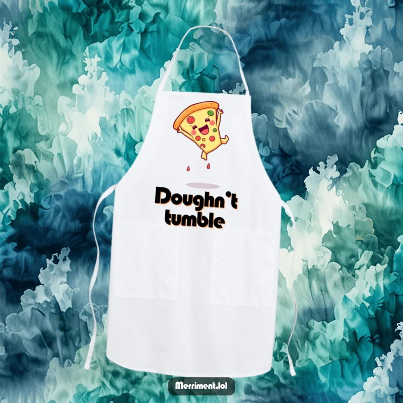 Funny pizza slice apron in a somersault pose, ideal for kitchen use and adding a playful touch to cooking.