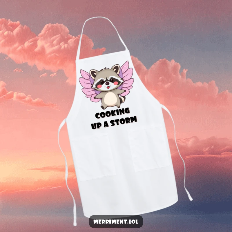 Funny apron with a blushing raccoon wearing glittery paper wings, attempting to fly while cooking.