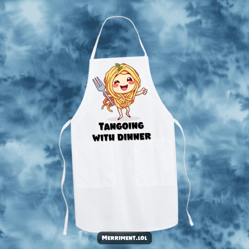 Funny apron featuring spaghetti character doing a tango with a fork, bringing culinary humor and style to kitchen tasks.
