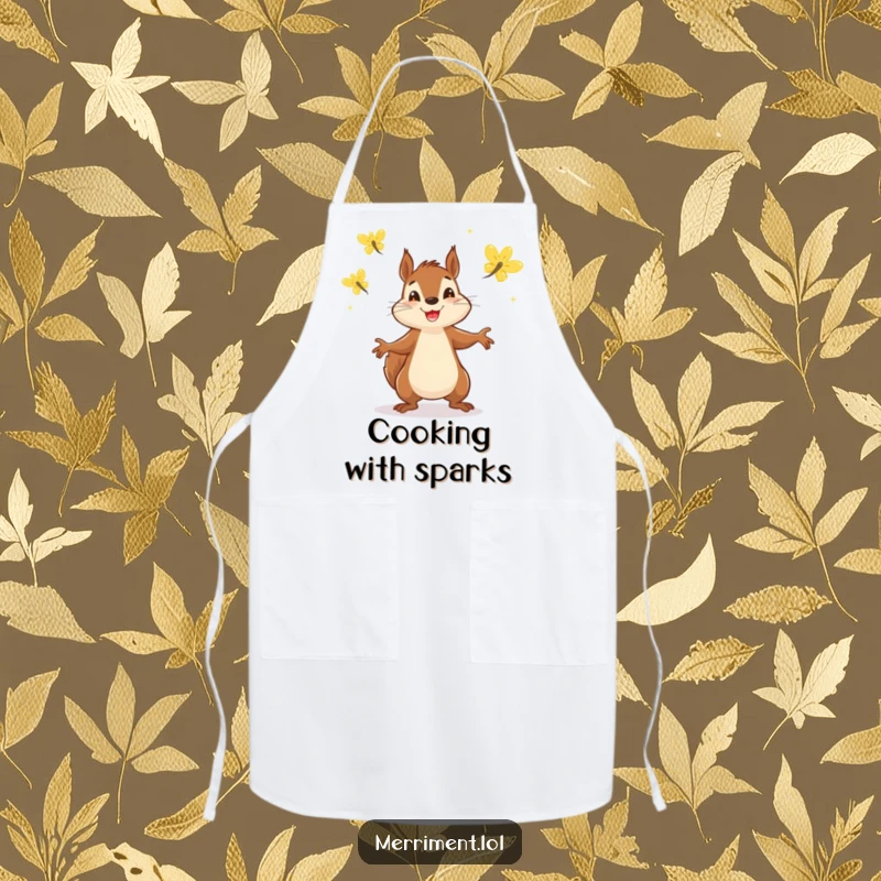 Funny apron showing a determined squirrel juggling three sparkling fireflies, perfect for a humorous cooking session.