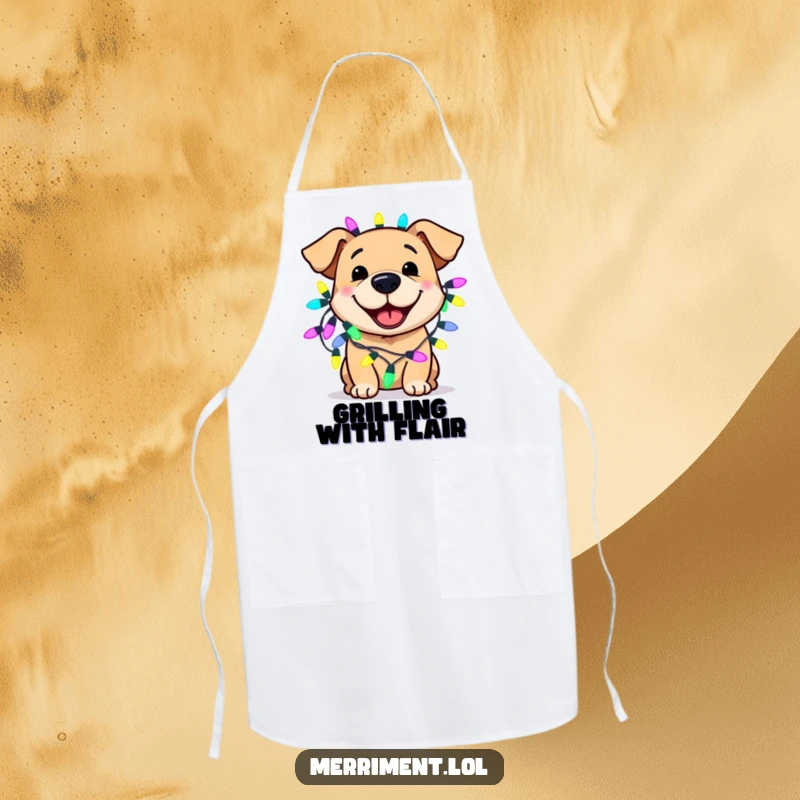 Funny dog apron showing a smiling dog wearing oversized, brightly colored fairy lights while cooking, adding festive humor to the kitchen.