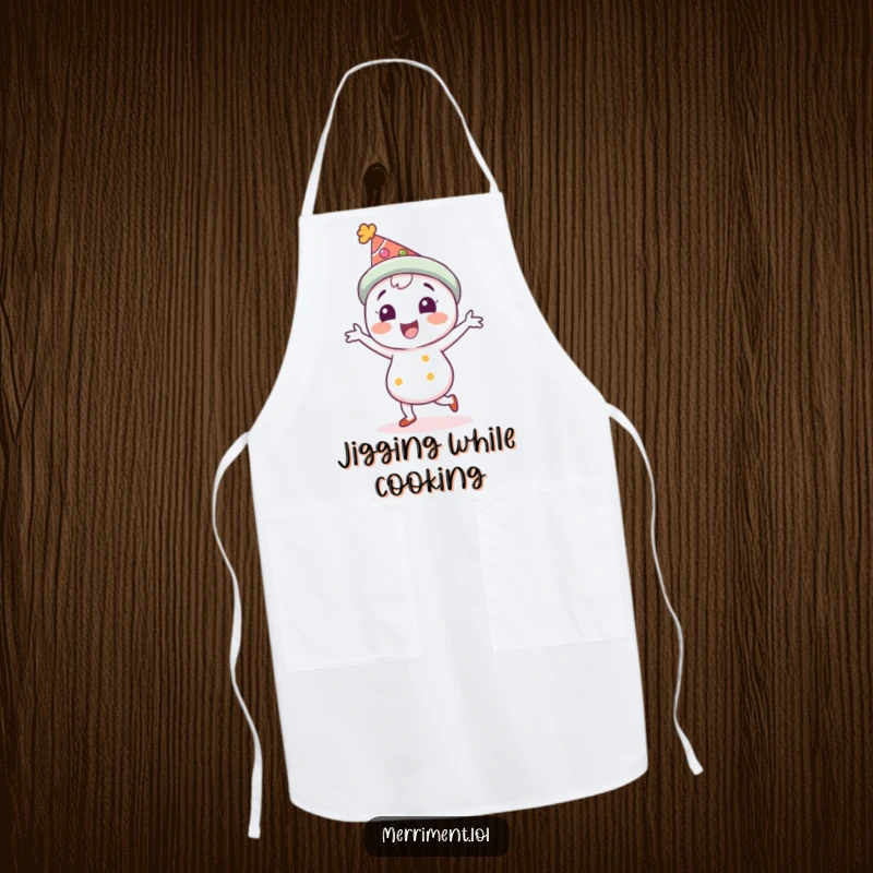 Funny Apron: A delighted character in a festive hat jigs while cooking. A practical and funny gift for chefs.