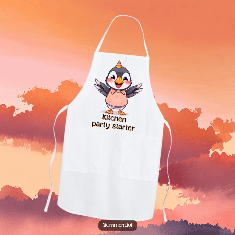 Funny apron with a grinning puffin in a bright party shirt, hilariously wiggling its wings while cooking.