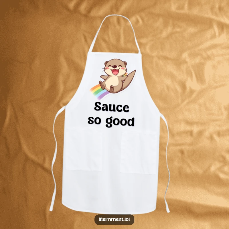 Funny apron with a joyful otter sliding down a rainbow with a big smile, ideal for adding colorful cheer to cooking.