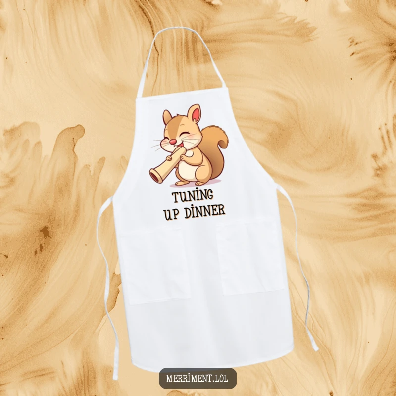 Funny squirrel apron, eyes closed in concentration, playing a gigantic kazoo, a comical and practical cooking accessory.