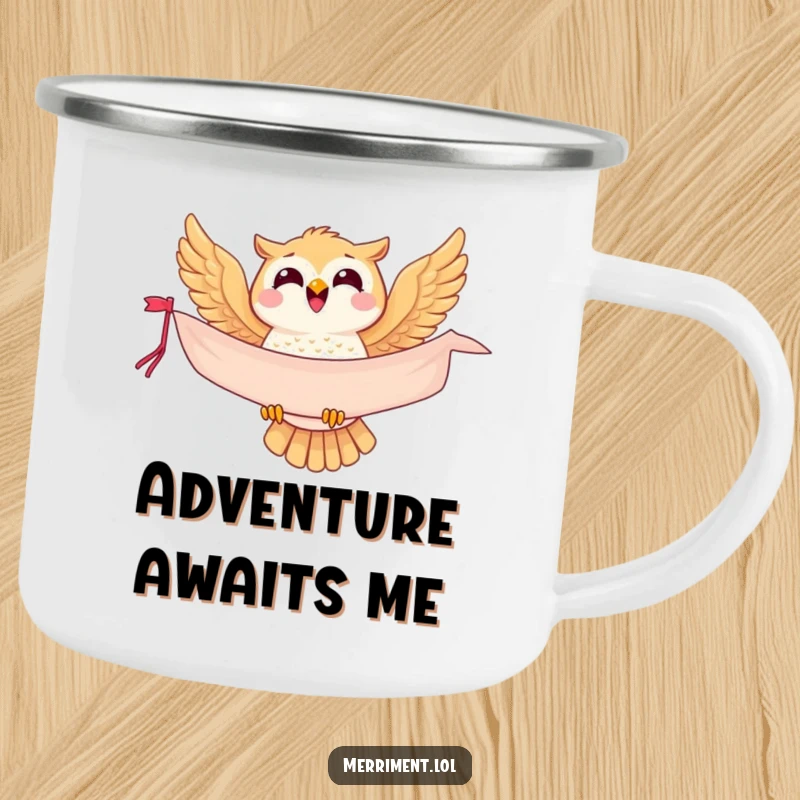 Funny owl camping mug, a joyful bird soaring with a banner, perfect for outdoor enthusiasts who love humor.
