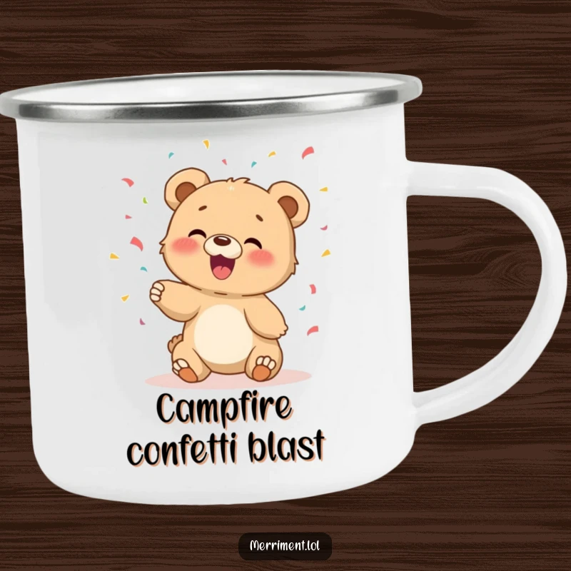 Funny camping mug with a giggling bear cub tossing confetti, perfect for outdoor adventures and warm drinks.