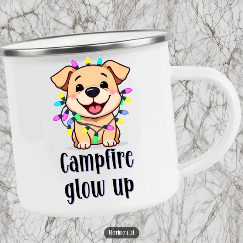 Funny dog camping mug showing a smiling canine wearing oversized, brightly colored fairy lights, bringing festive humor to outdoor adventures.