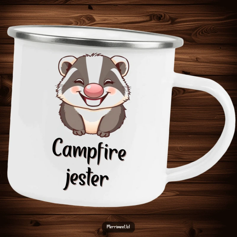 Funny badger wearing a clown nose and making a silly face, perfect for humorous outdoor drinks and camping trips.