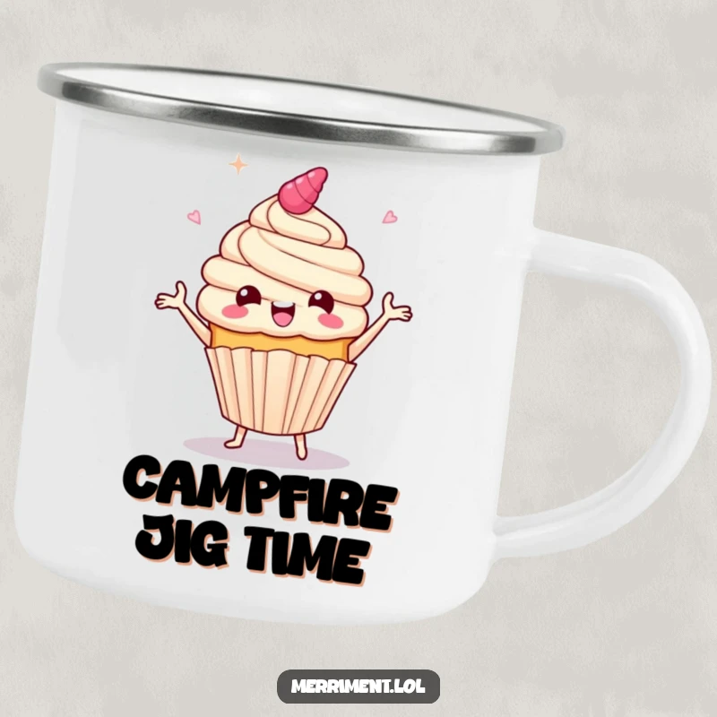 Funny camping mug showing a giddy cupcake character doing a jig with frosting flying, perfect for cheerful outdoor moments.