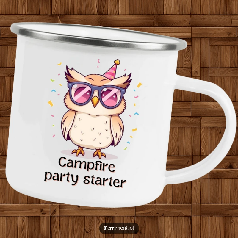 Funny camping mug featuring a party owl in glasses, tossing confetti, perfect for enjoying beverages during outdoor adventures.