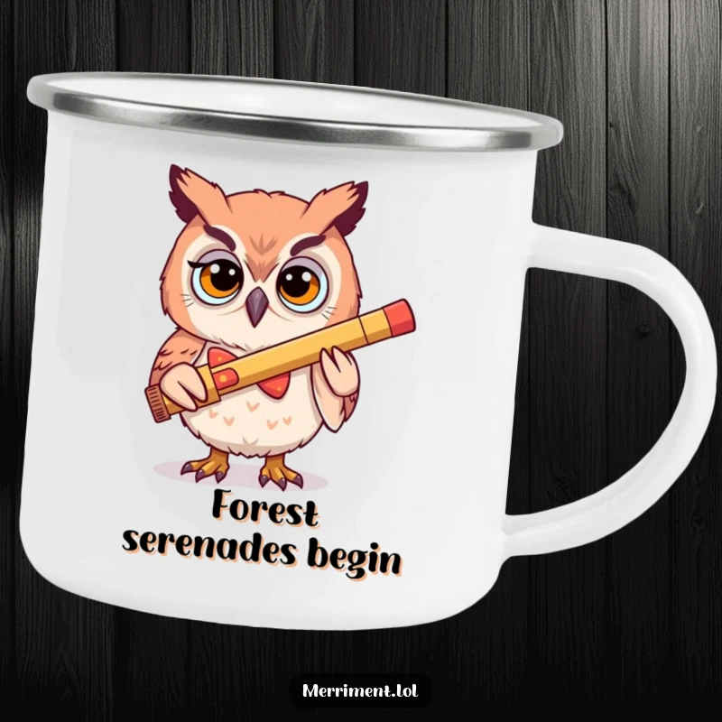 Funny camping mug illustration of a determined owl in a silly bowtie playing a kazoo, perfect for outdoor sipping and camaraderie.