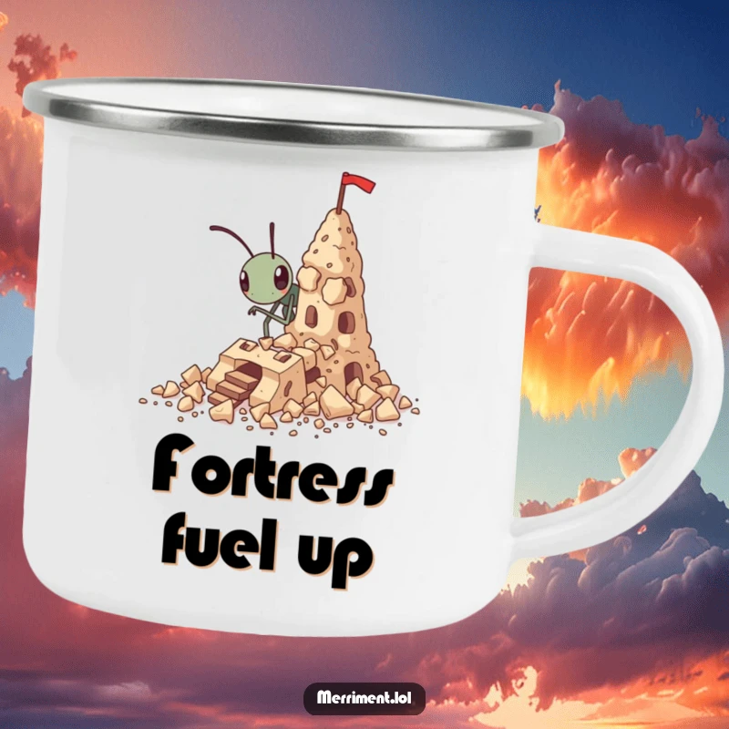 Funny tiny ant enamel camping mug building a fortress out of crumbs, rugged and humorous outdoor ware.