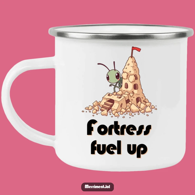 Funny Determined Ant Crumbs Fortress Enamel Camping Mug - Rugged Humor for Trail Builders