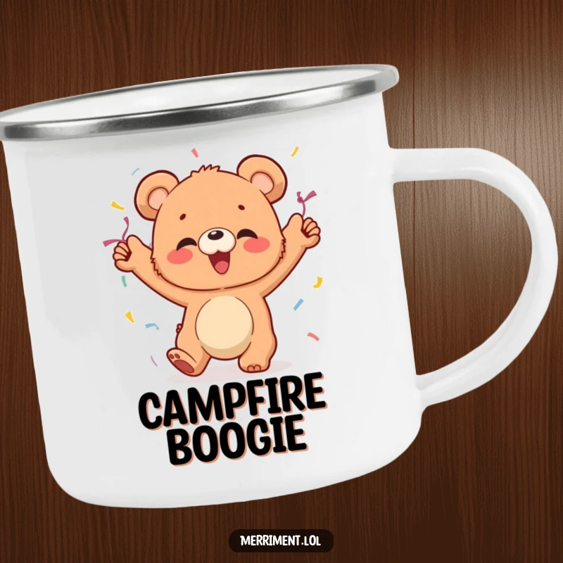 Funny enamel camping mug featuring a giggling bear cub with streamers, dancing with abandon, perfect for rustic fun.