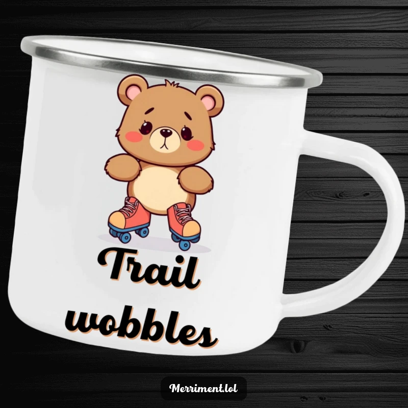 Funny camping mug showing a bewildered bear character hilariously attempting to roller skate, wobbling precariously in an outdoor setting.