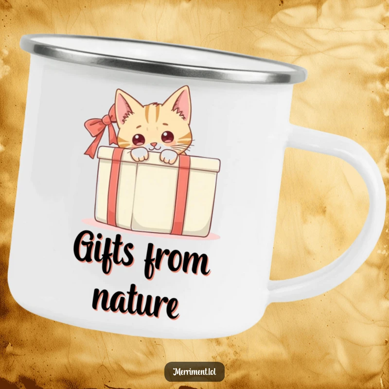 Funny cat peeking from behind a large gift box, a rugged and humorous camping mug for curious explorers.
