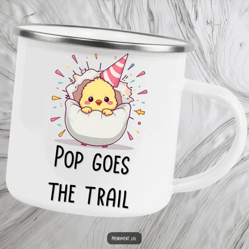 Funny chick camping mug with a fluffy baby bird emerging from a giant, exploding party popper, durable and festive for the outdoors.