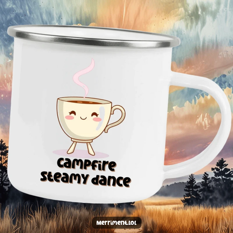 Funny dancing teacup enamel camping mug with steam forming a playful shape, whimsical and humorous outdoor ware.