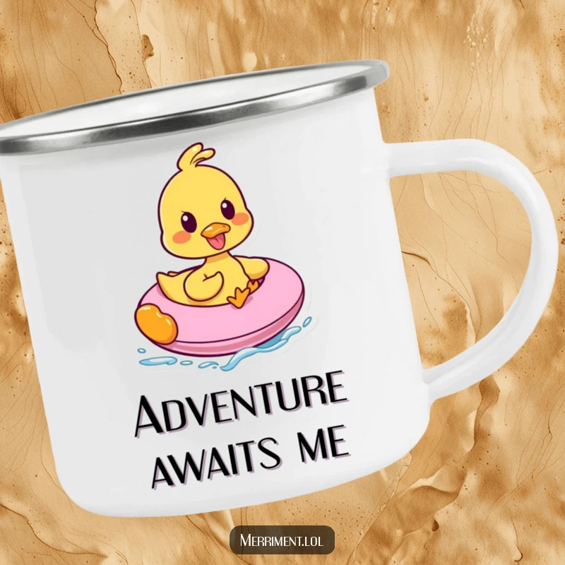 Funny camping mug showing a joyful duck quacking while riding an inflatable, ready for outdoor fun and hot beverages.