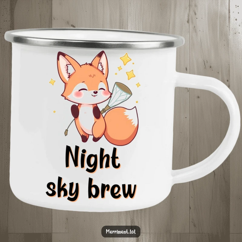 Funny fox camping mug showing a playful fox character catching falling stars in a sparkly net, perfect for outdoor magic.