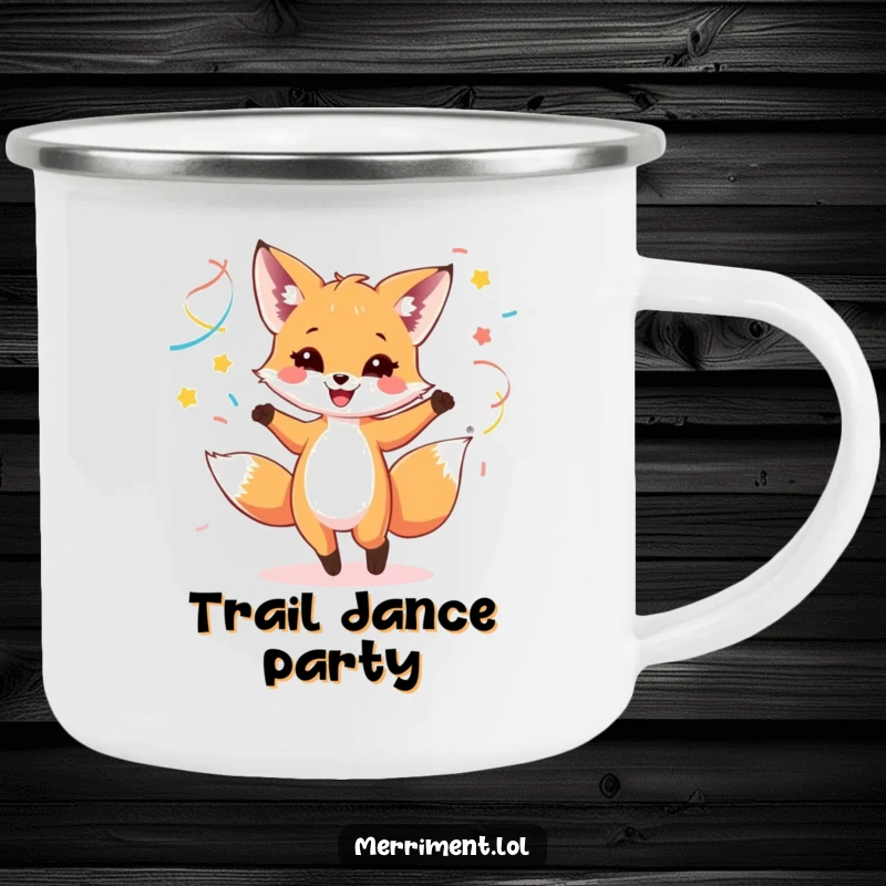Funny camping mug with a happy fox cub dancing with colorful streamers, perfect for outdoor celebrations.
