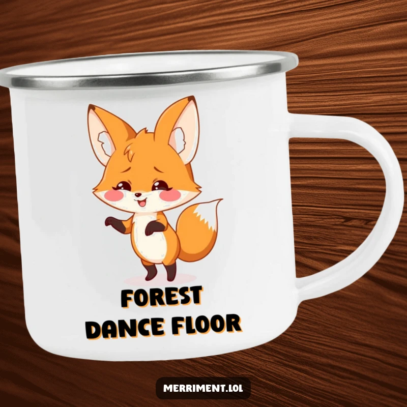 Smiling fox with giant floppy ears doing a silly dance on a camping mug, perfect for humorous and groovy outdoor enjoyment.