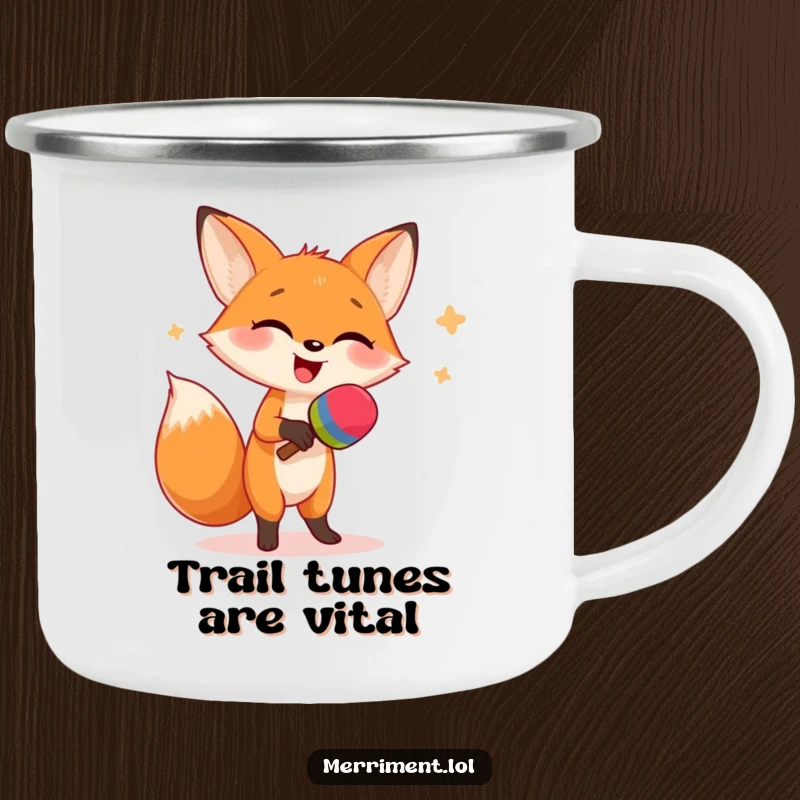 Funny camping mug illustration of a giggling fox dancing joyfully with maracas, perfect for outdoor sipping and merriment.