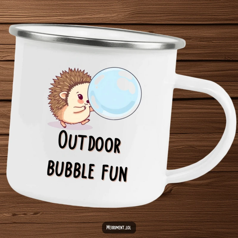 Funny hedgehog camping mug showing a fluffy animal eagerly chasing a comically large, bouncing soap bubble, bringing playful humor to outdoor adventures.