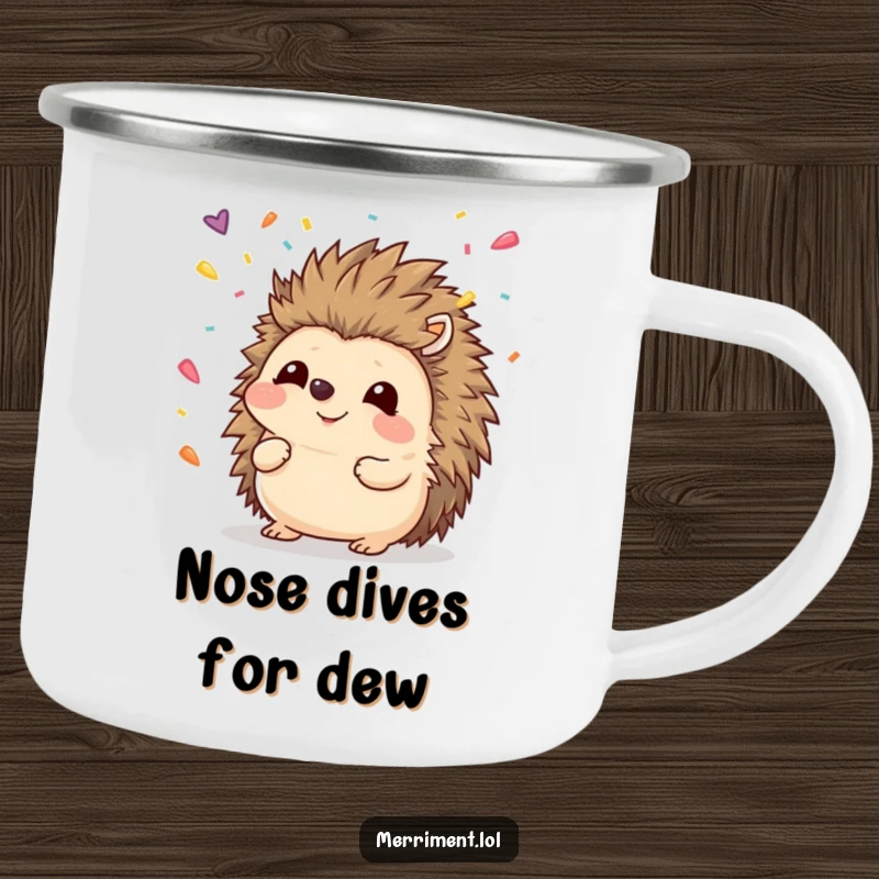 Funny hedgehog camping mug with a cute creature trying to catch confetti with its nose, durable and humorous for the trail.
