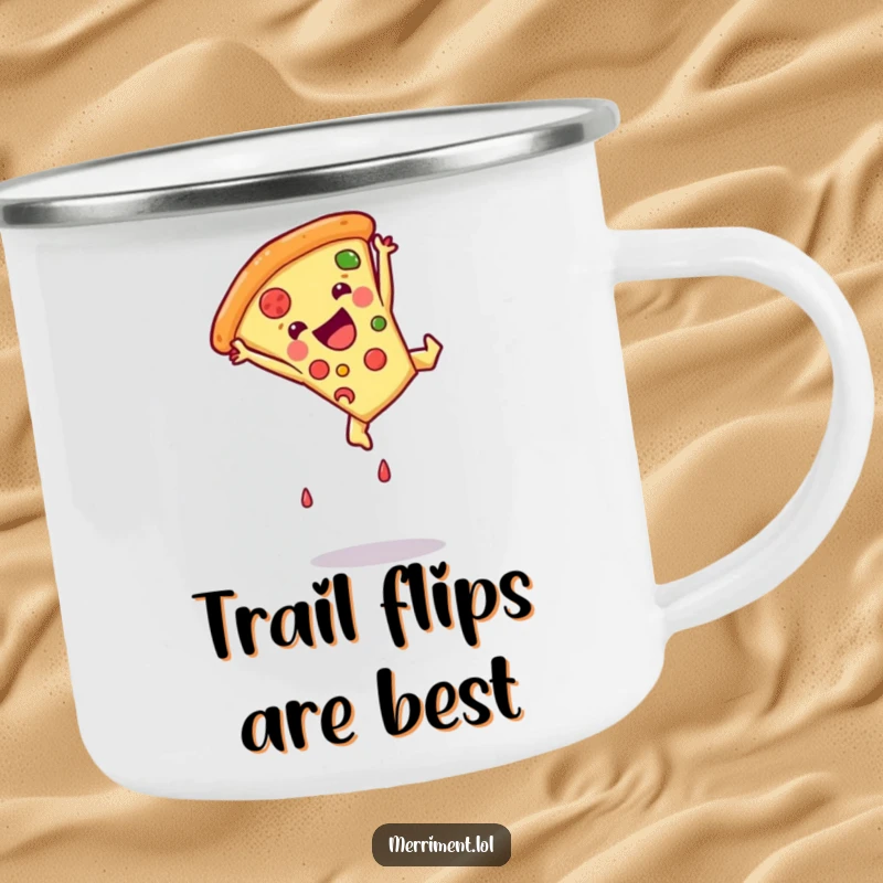Funny pizza slice camping mug performing a somersault, designed for outdoor enthusiasts who appreciate humor and durability.