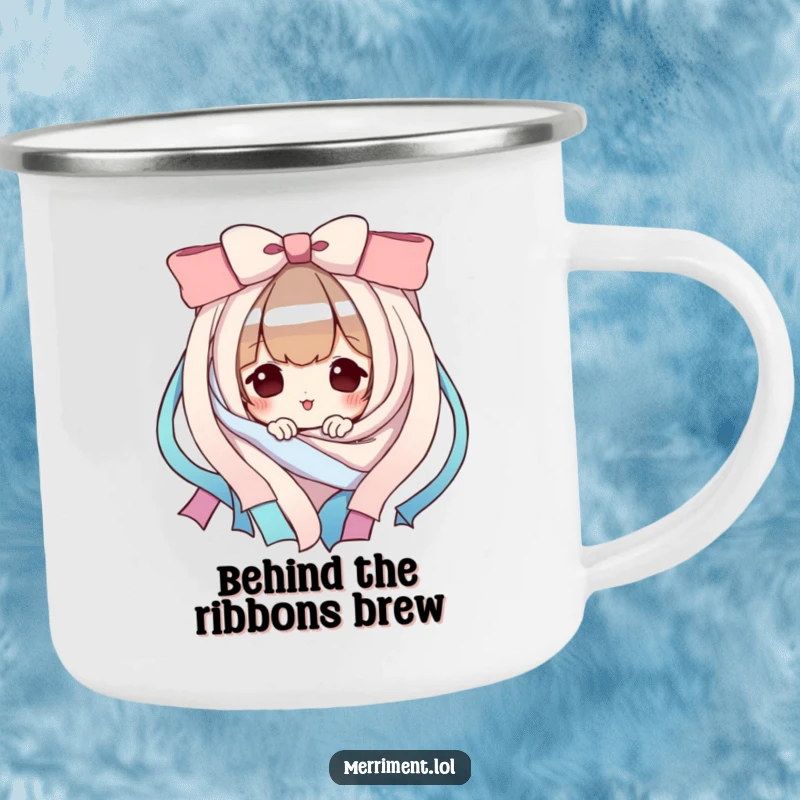 Funny Camping Mug: A playful character peeks from behind ribbons. Perfect for adventures and a funny gift.