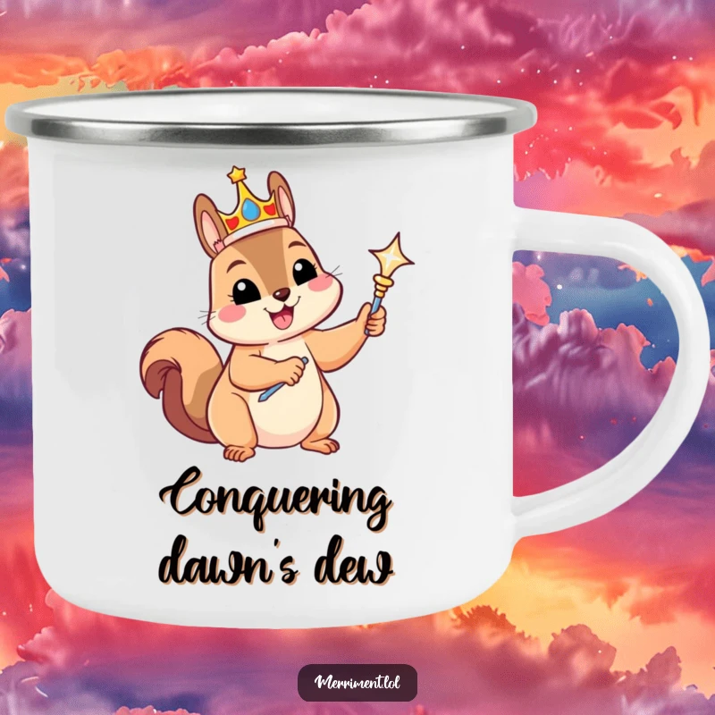 Funny camping mug showcasing a gleeful squirrel in a crown and scepter, ready for majestic outdoor adventures.