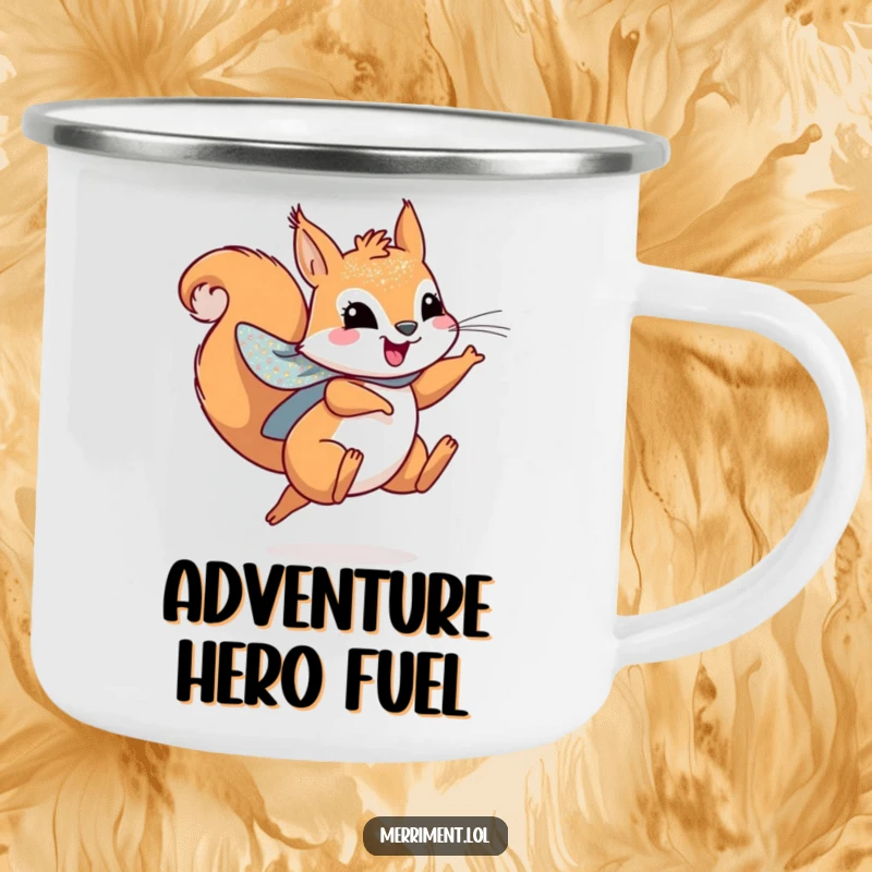 Funny camping mug with a playful squirrel wearing a sparkly cape, leaping joyfully, perfect for outdoor heroes.